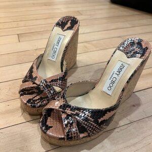 Jimmy Choo Black and Tan Wedge Sandals